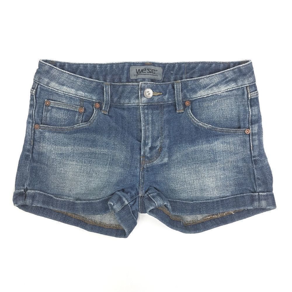 WESC Roxanne‎ Blue Denim Jean Shorts Womens Size 25 Medium Wash Stretch Cuffed